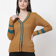 Mustard V-Neck Self Design Cardigan - clubyork