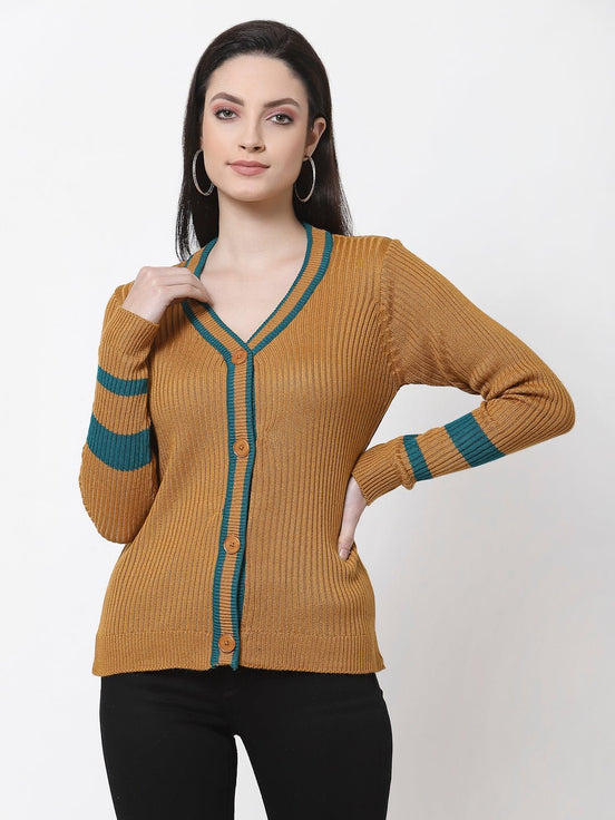 Mustard V-Neck Self Design Cardigan - clubyork