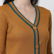 Mustard V-Neck Self Design Cardigan - clubyork