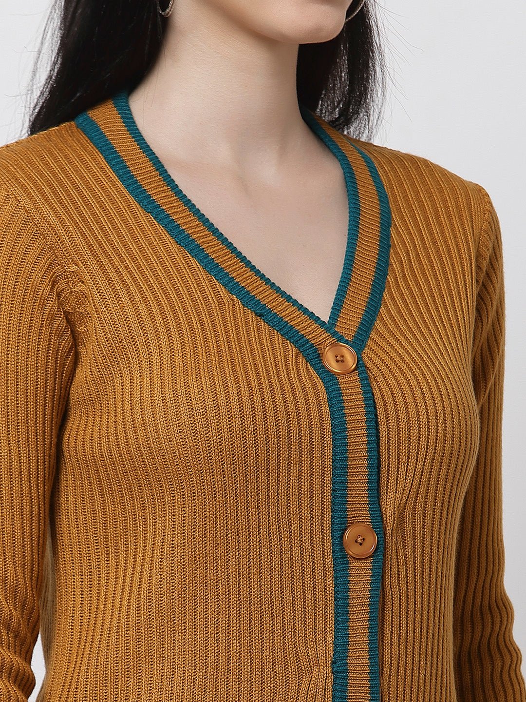 Mustard V-Neck Self Design Cardigan - clubyork