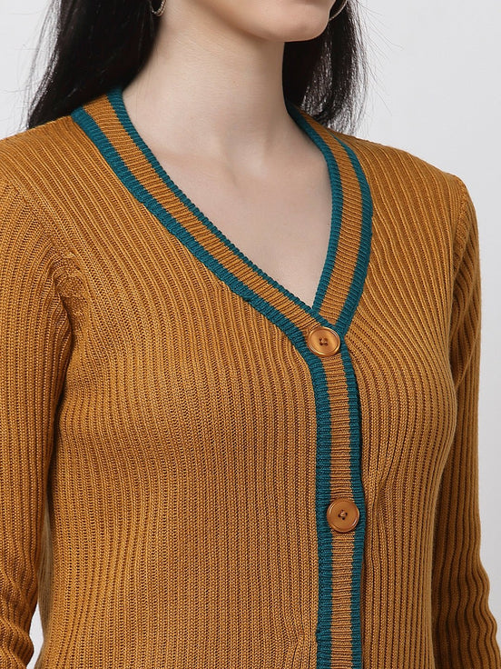 Mustard V-Neck Self Design Cardigan - clubyork