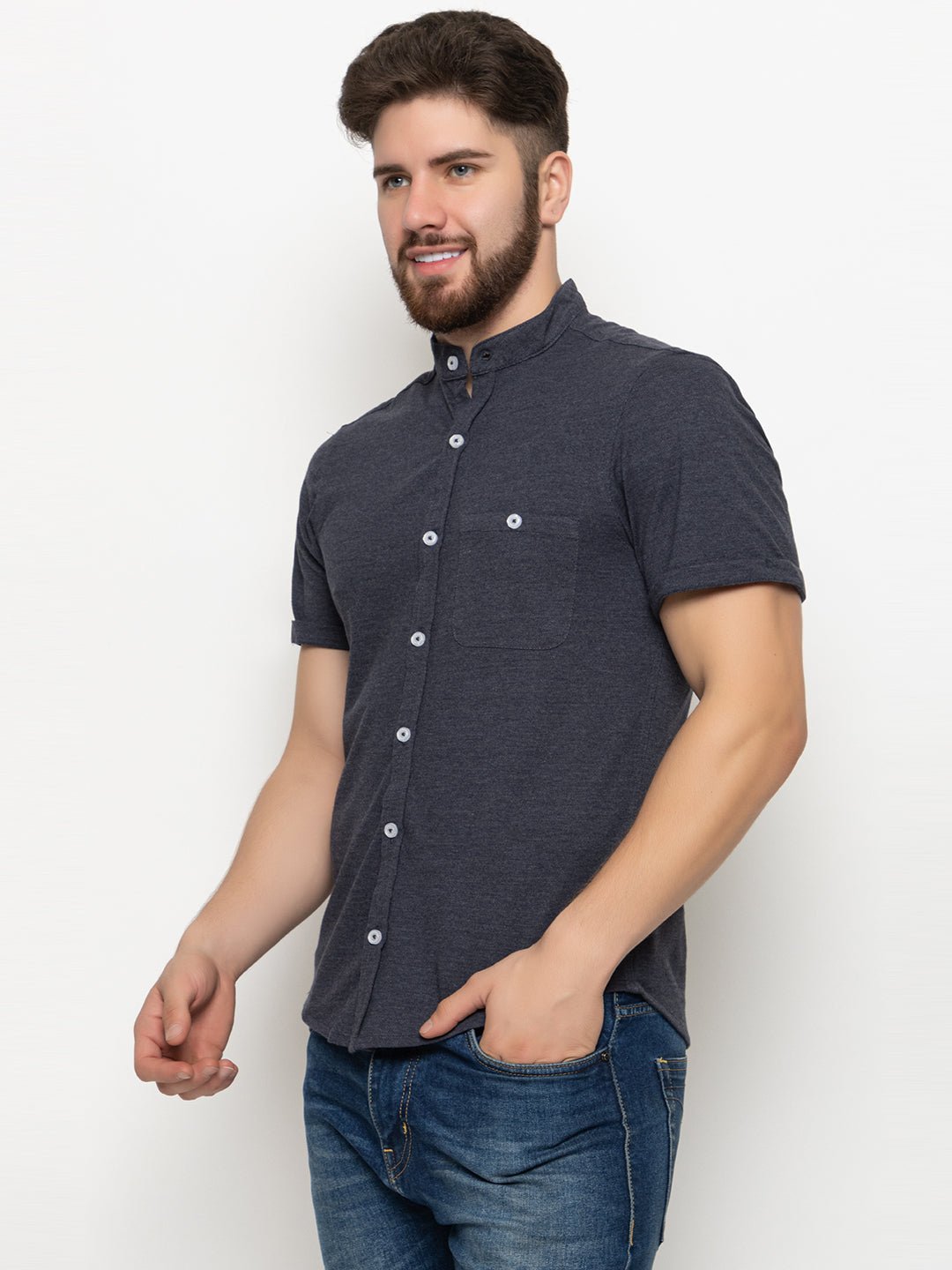 Navy Blue Melange Knitted Shirt - clubyork