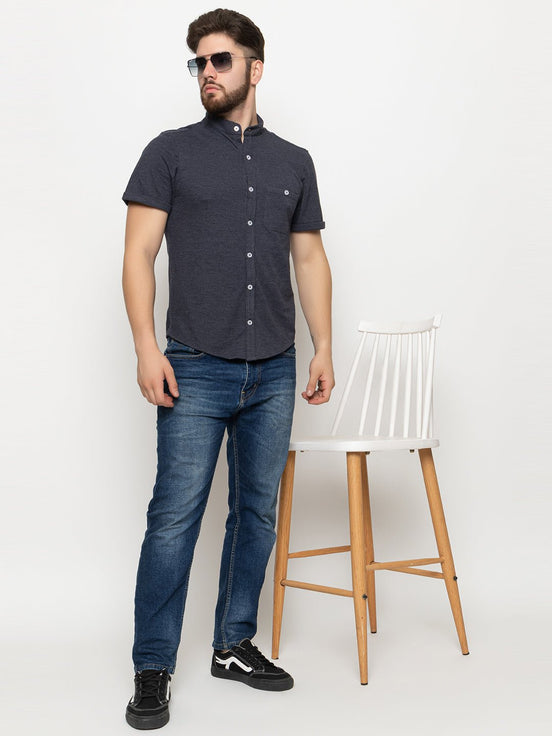 Navy Blue Melange Knitted Shirt - clubyork