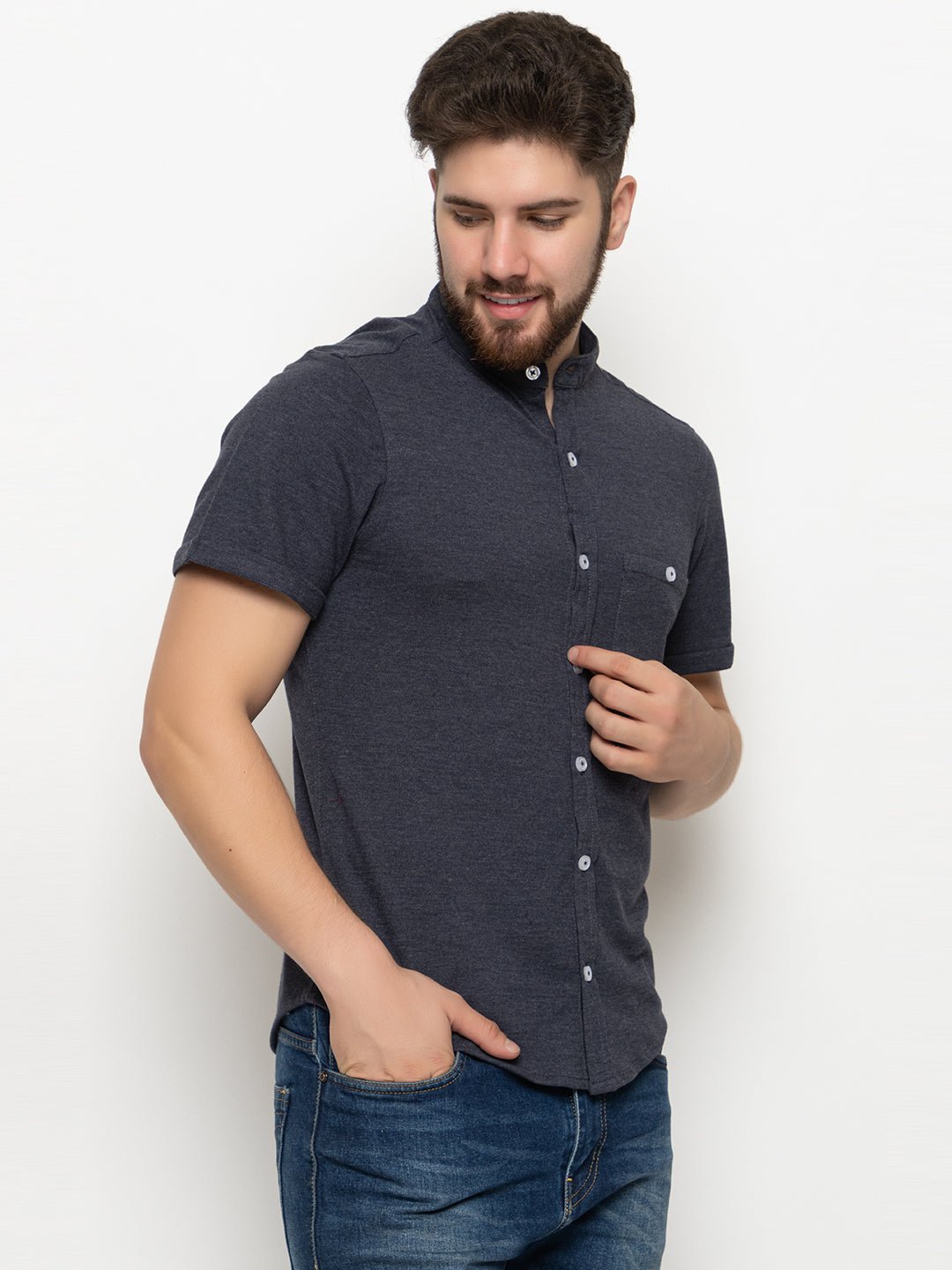 Navy Blue Melange Knitted Shirt - clubyork