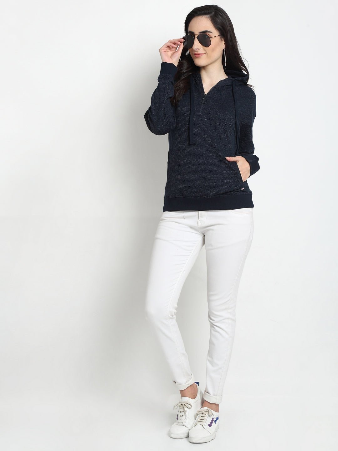 Navy Blue Solid Half Zipper Hooded Sweatshirt - clubyork
