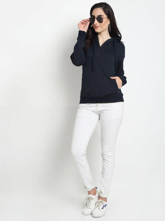 Navy Blue Solid Half Zipper Hooded Sweatshirt - clubyork