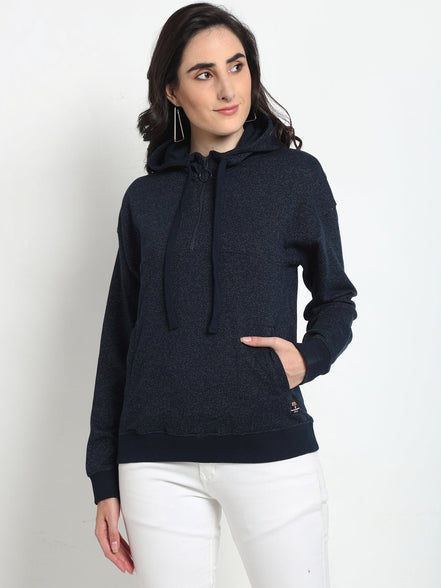 Navy Blue Solid Half Zipper Hooded Sweatshirt - clubyork