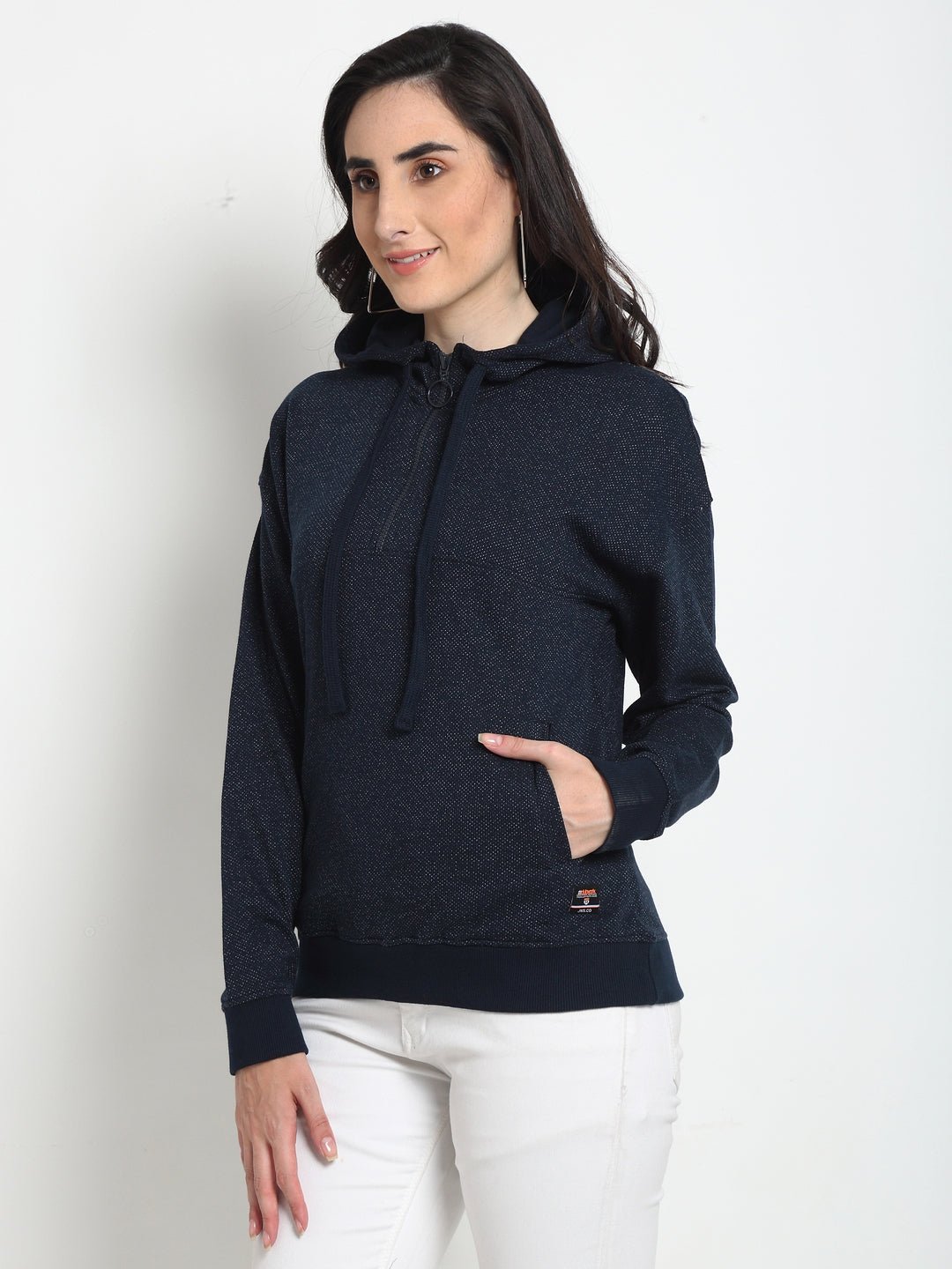 Navy Blue Solid Half Zipper Hooded Sweatshirt - clubyork