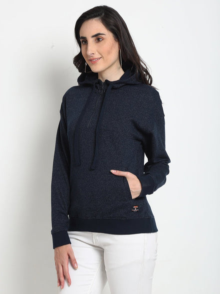 Navy Blue Solid Half Zipper Hooded Sweatshirt - clubyork