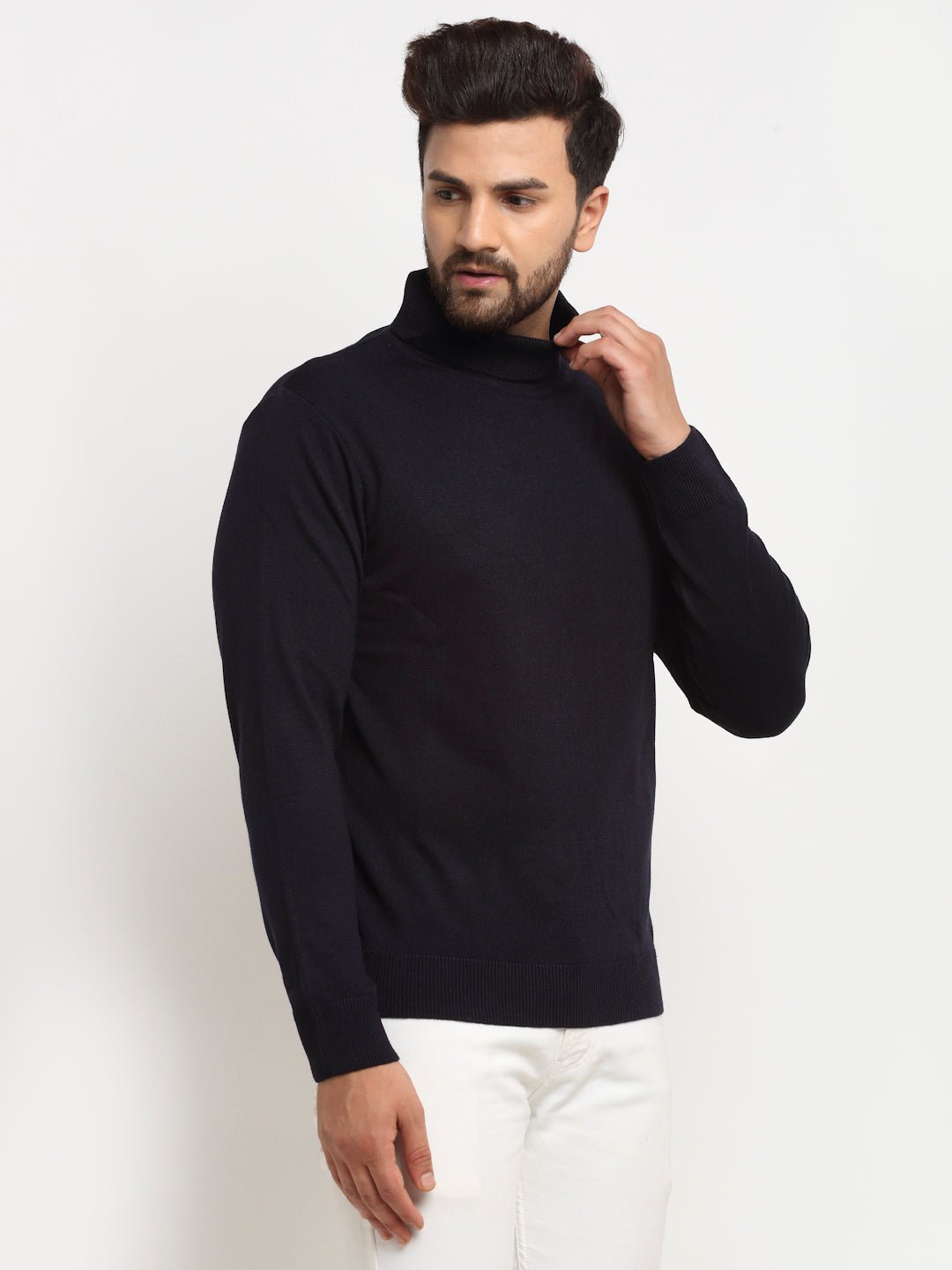 Navy Blue Solid High Neck Sweater - clubyork