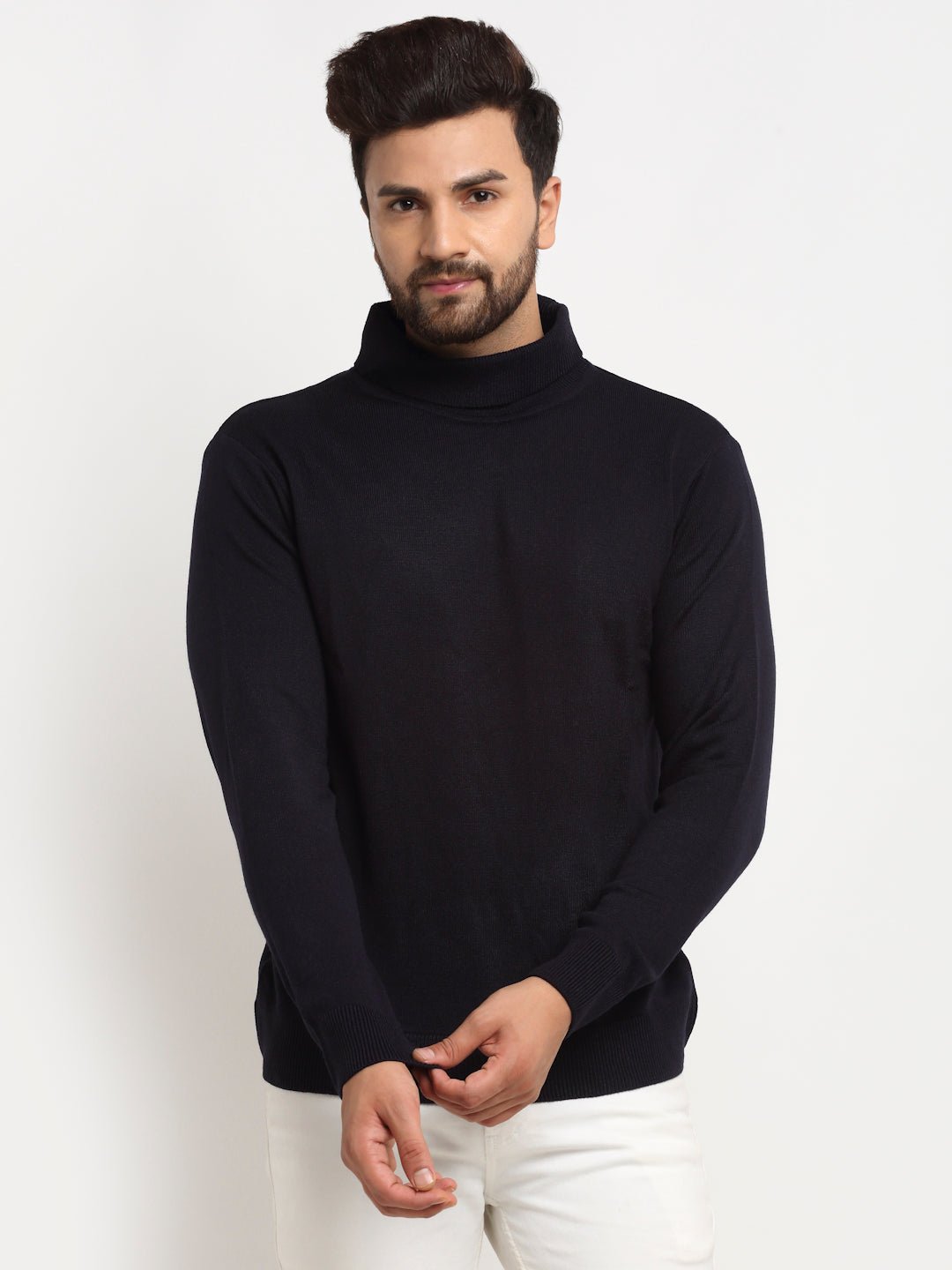 Navy Blue Solid High Neck Sweater - clubyork