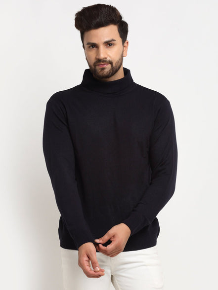 Navy Blue Solid High Neck Sweater - clubyork