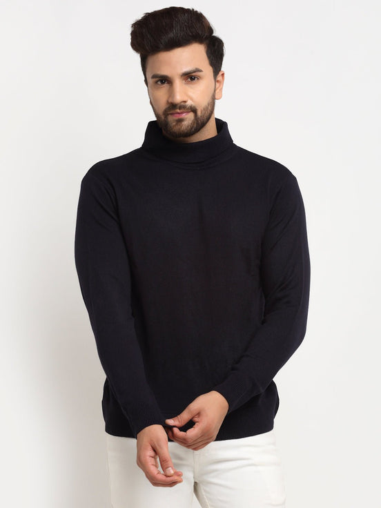 Navy Blue Solid High Neck Sweater - clubyork