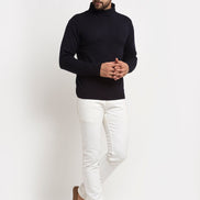 Navy Blue Solid High Neck Sweater - clubyork