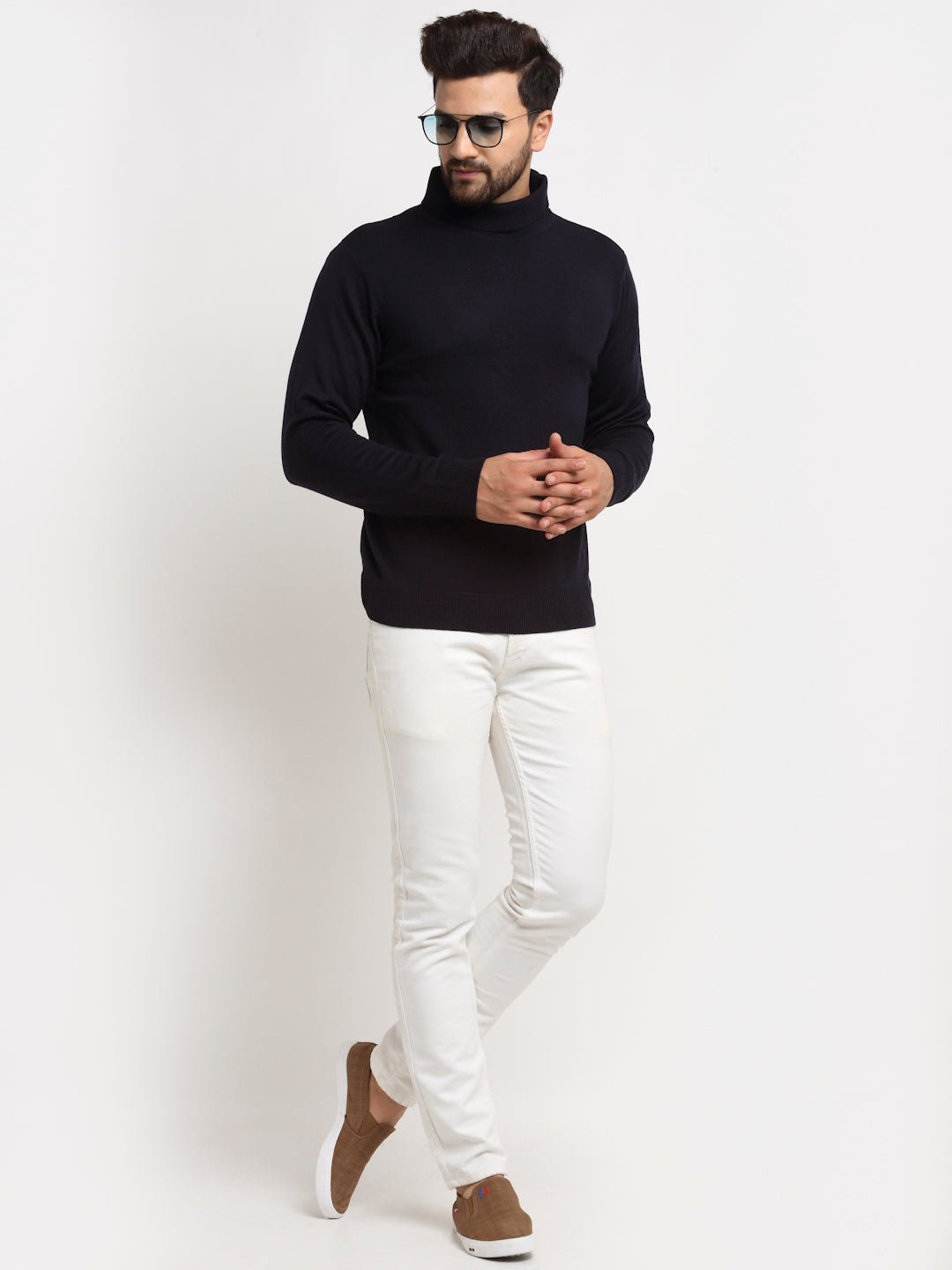 Navy Blue Solid High Neck Sweater - clubyork