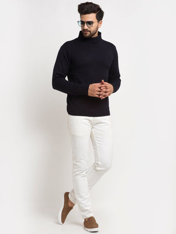 Navy Blue Solid High Neck Sweater