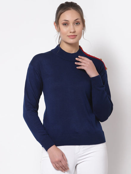 Navy Blue Solid Round Neck Sweater - clubyork