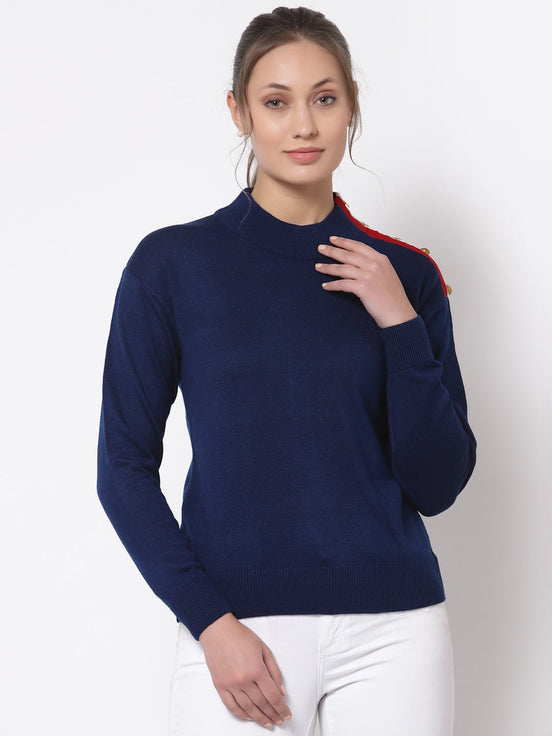 Navy Blue Solid Round Neck Sweater - clubyork