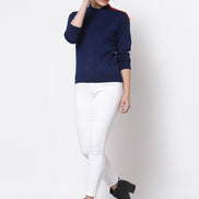 Navy Blue Solid Round Neck Sweater - clubyork