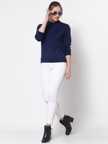 Navy Blue Solid Round Neck Sweater - clubyork
