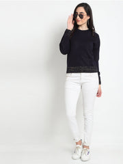 Navy Blue  Solid Round Neck Sweater