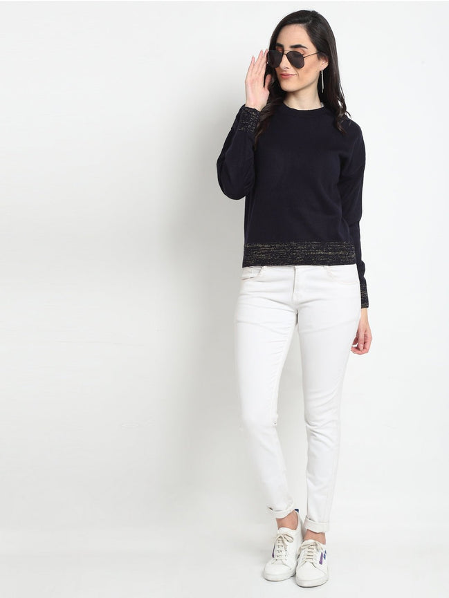 Navy Blue Solid Round Neck Sweater - clubyork