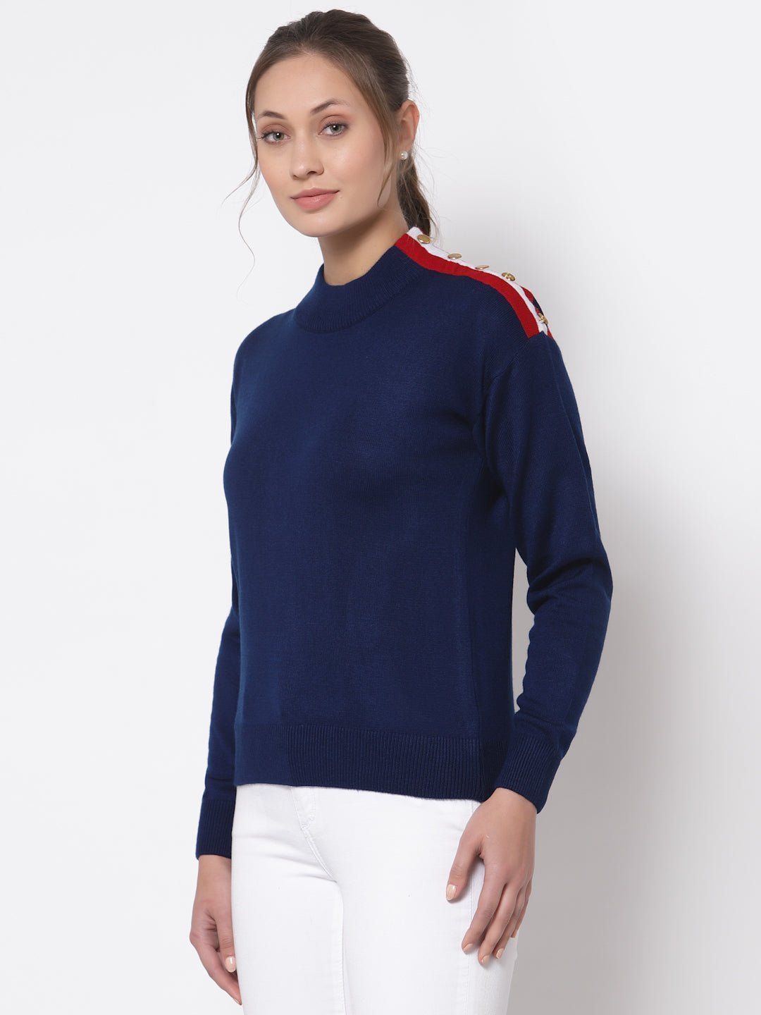 Navy Blue Solid Round Neck Sweater - clubyork