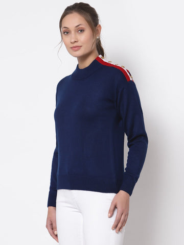 Navy Blue  Solid Round Neck Sweater