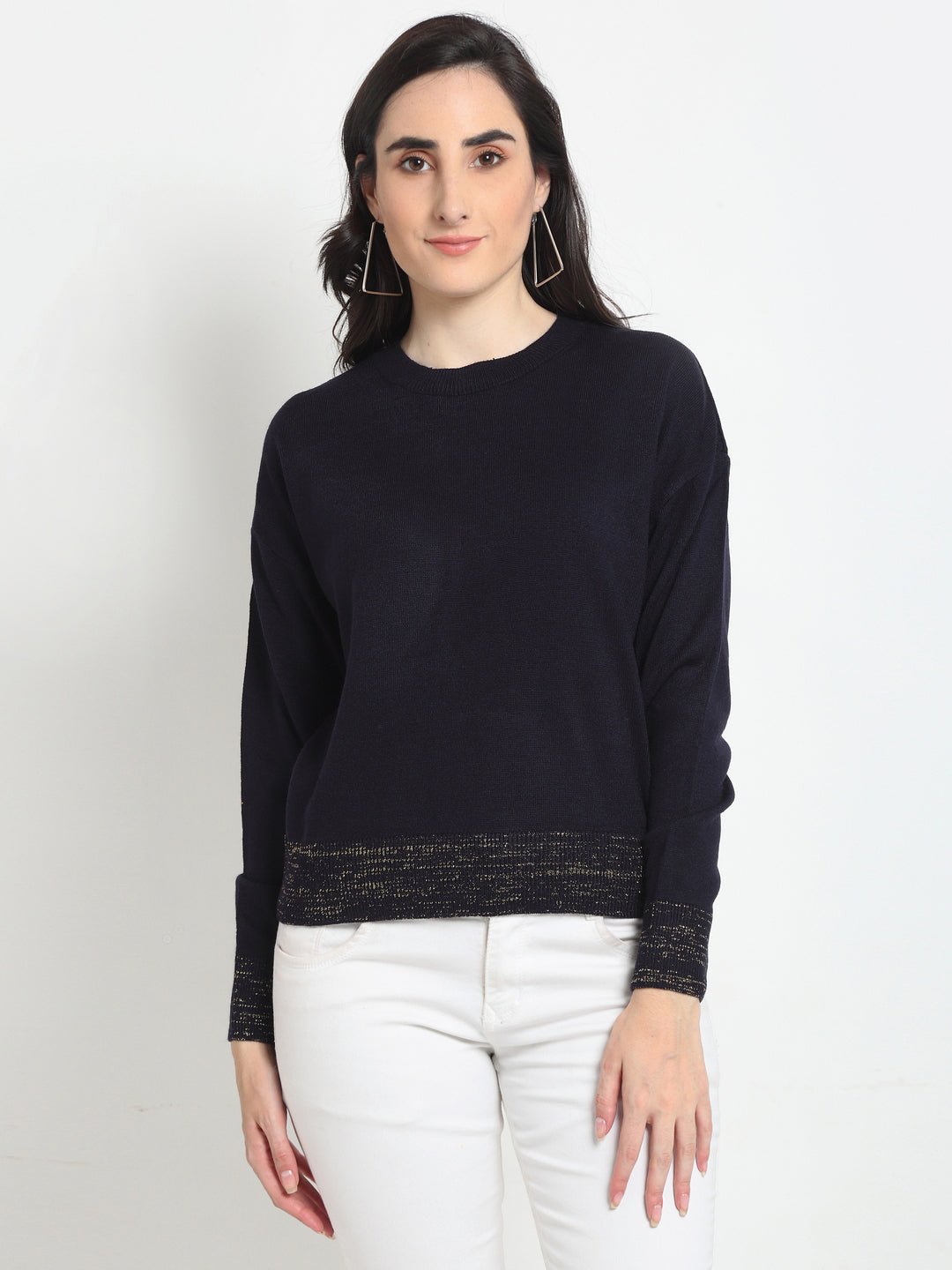 Navy Blue Solid Round Neck Sweater - clubyork