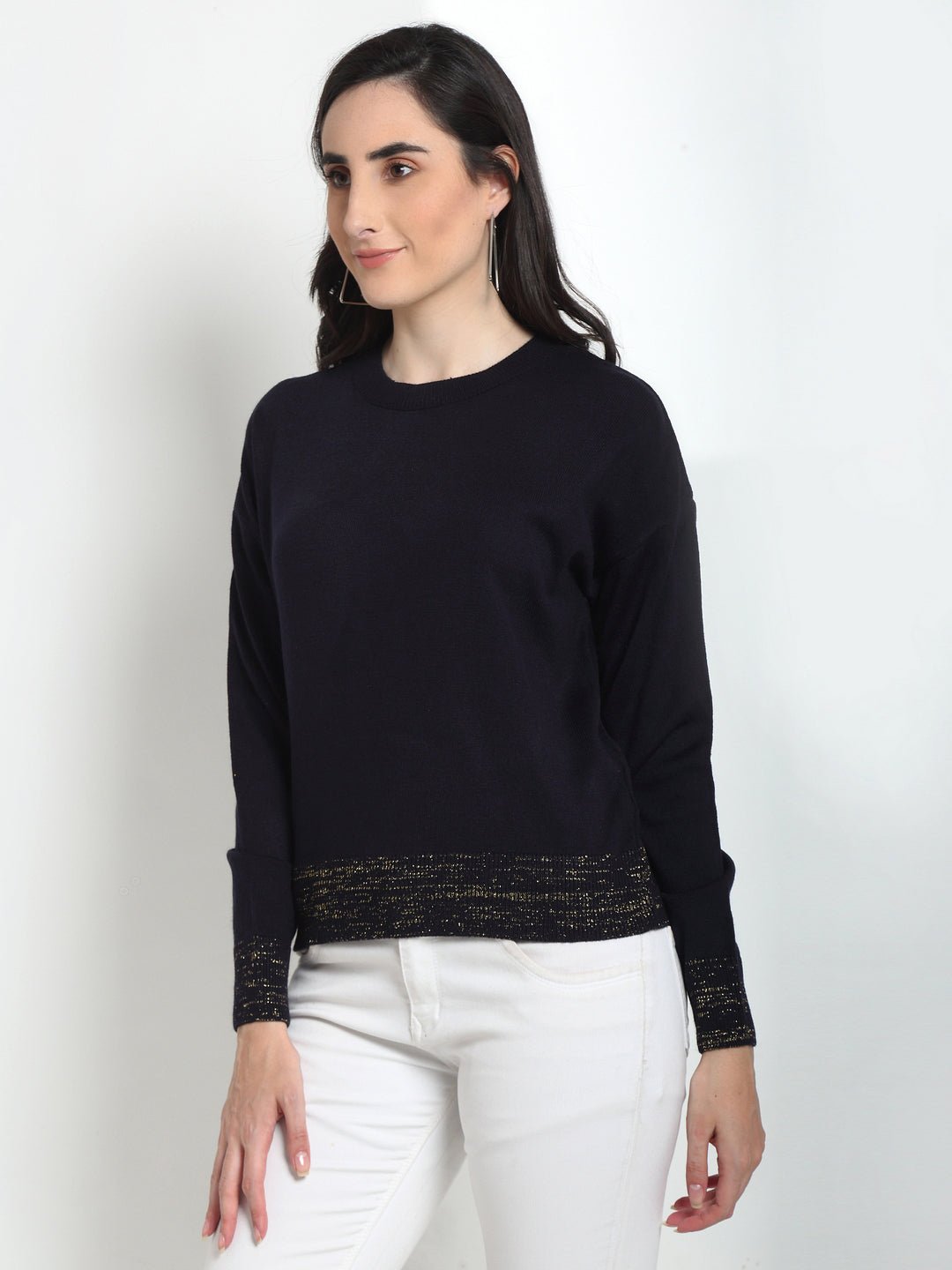 Navy Blue Solid Round Neck Sweater - clubyork
