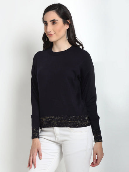 Navy Blue Solid Round Neck Sweater - clubyork