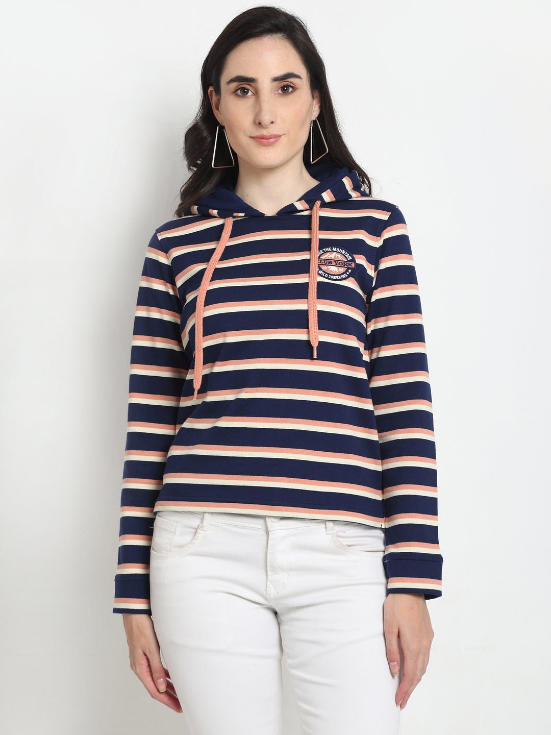 Navy Blue Striped Hooded Sweatshirt - clubyork