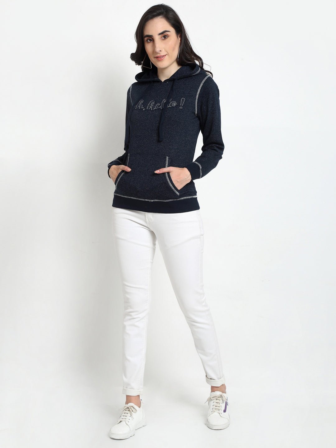 Navy Blue Typography Print Hooded Sweatshirt - clubyork