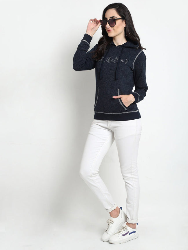Navy Blue Typography Print Hooded Sweatshirt - clubyork