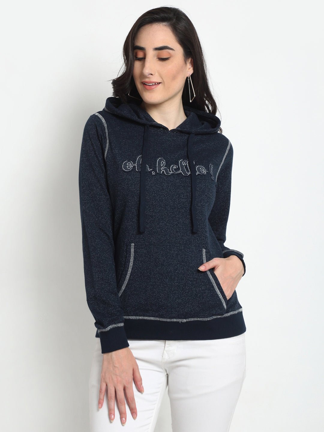 Navy Blue Typography Print Hooded Sweatshirt - clubyork