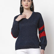 Navy Blue V-Neck Self Design Sweater - clubyork