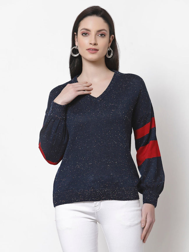 Navy Blue V-Neck Self Design Sweater - clubyork