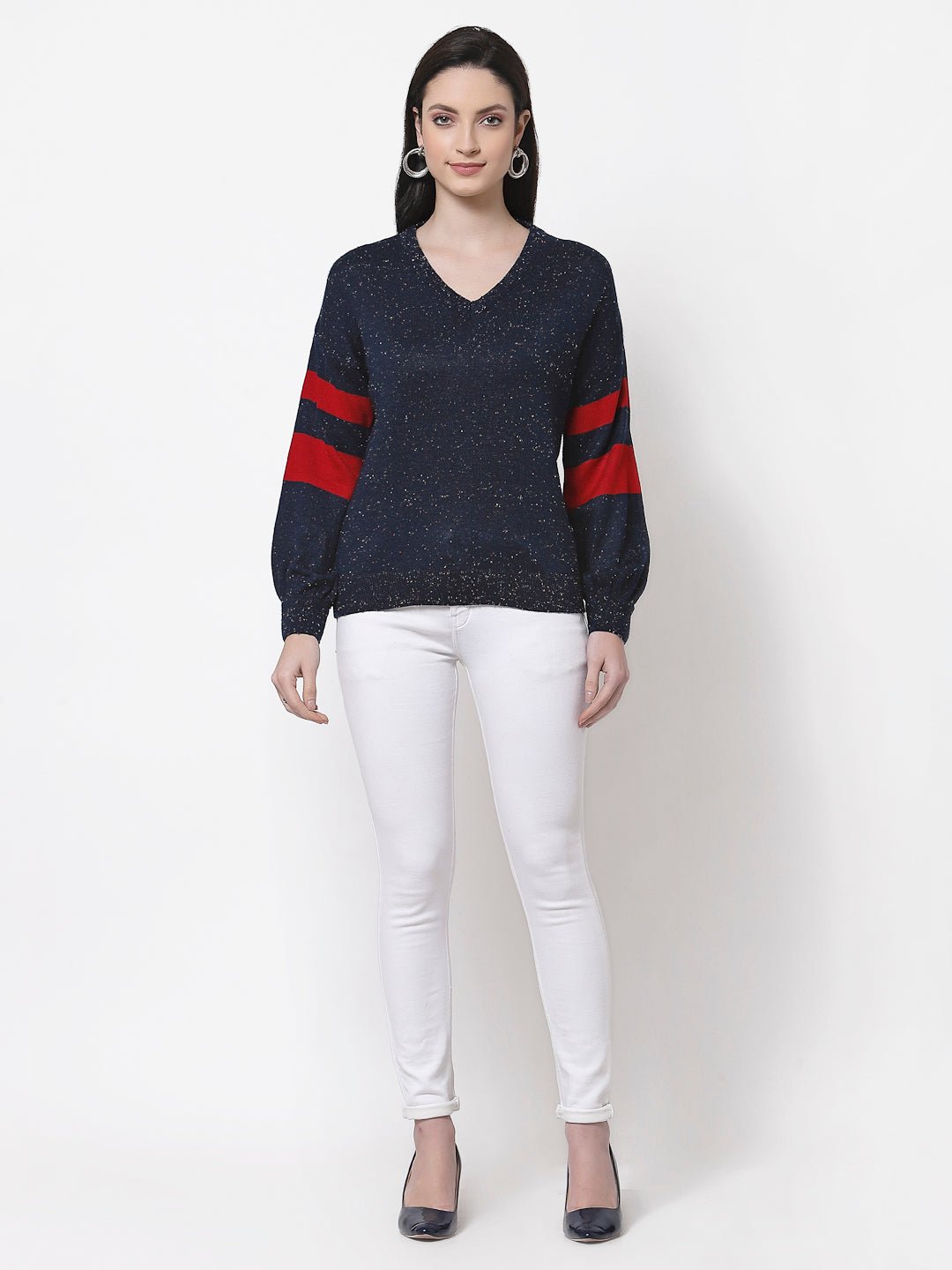 Navy Blue V-Neck Self Design Sweater - clubyork