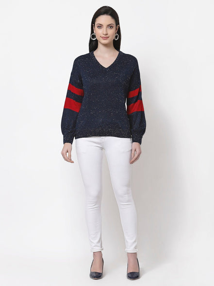 Navy Blue V-Neck Self Design Sweater - clubyork