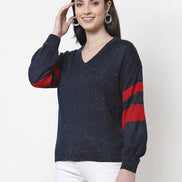 Navy Blue V-Neck Self Design Sweater - clubyork