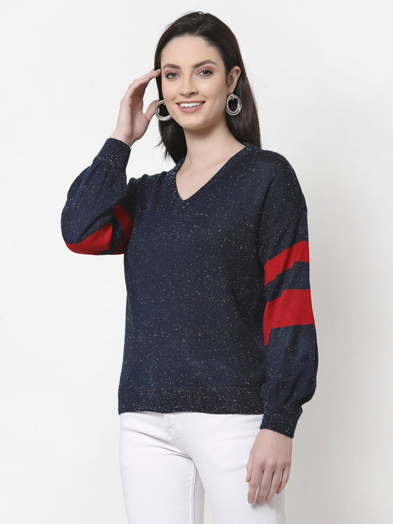 Navy Blue V-Neck Self Design Sweater - clubyork