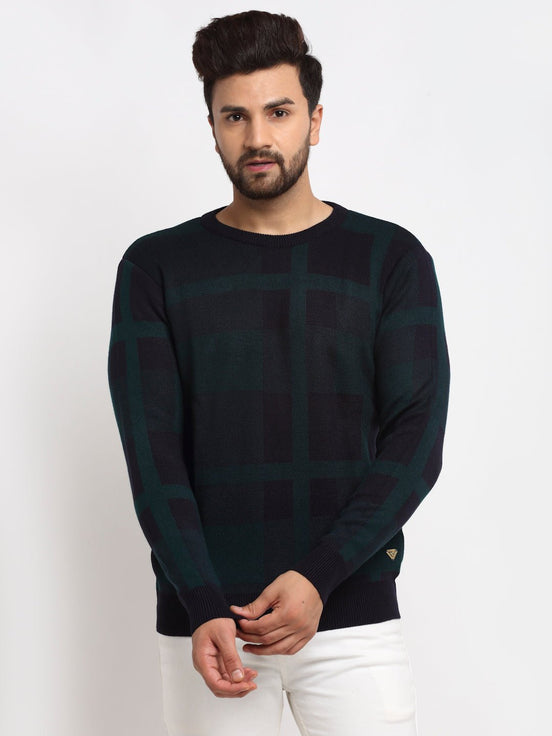 Navy Checked Round Neck Sweater - clubyork
