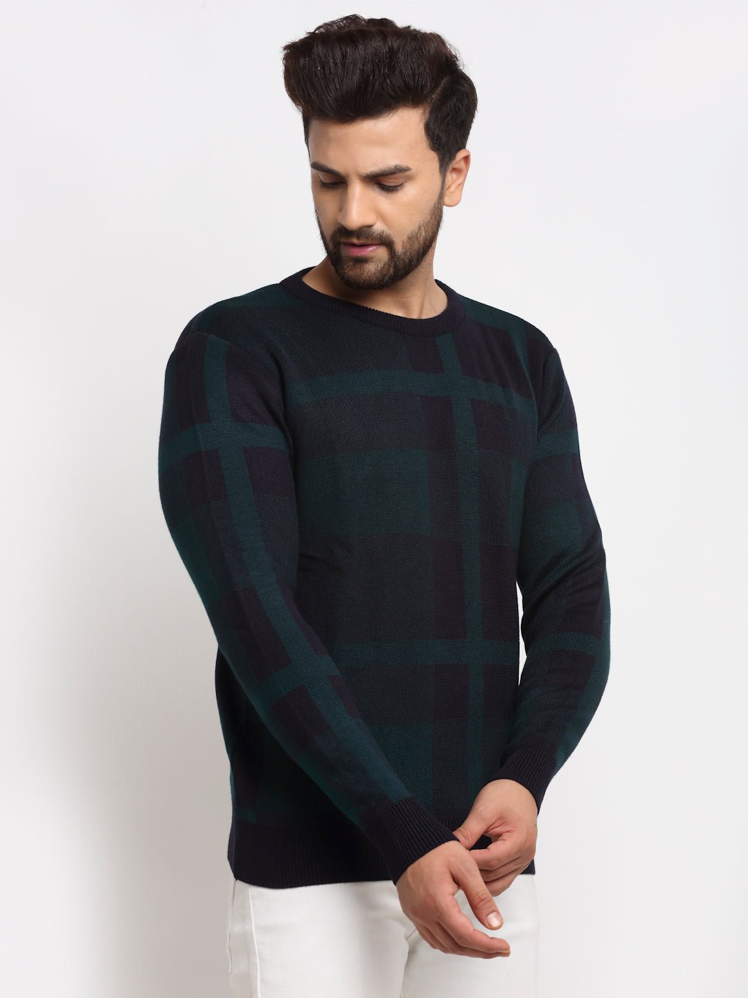 Navy Checked Round Neck Sweater - clubyork