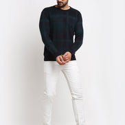 Navy Checked Round Neck Sweater - clubyork