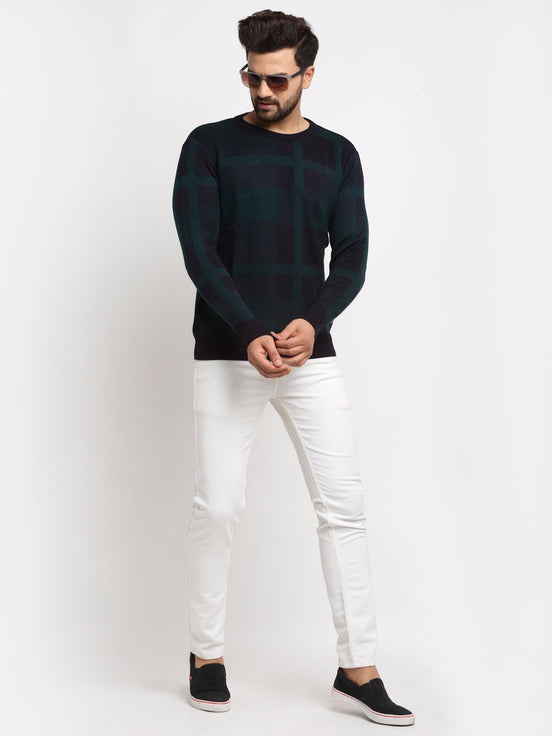 Navy Checked Round Neck Sweater - clubyork