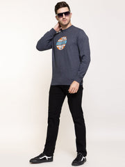 Navy Melange Fleece Printed Sweatshirt