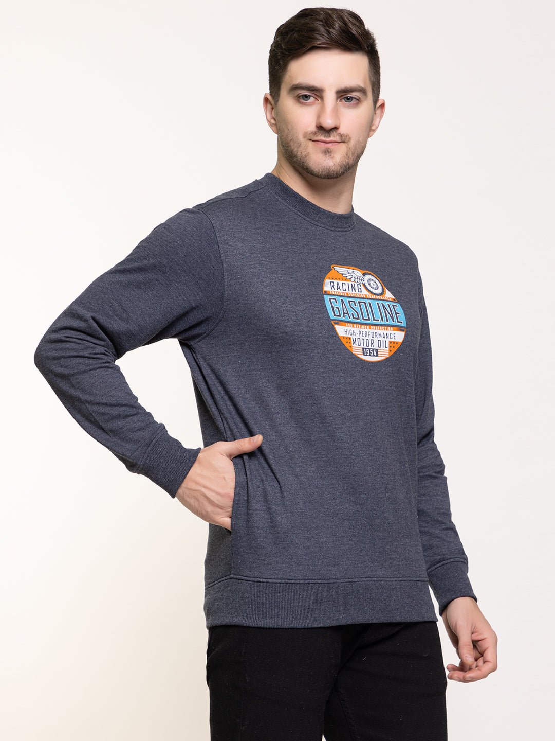 Navy Melange Fleece Printed Sweatshirt - clubyork