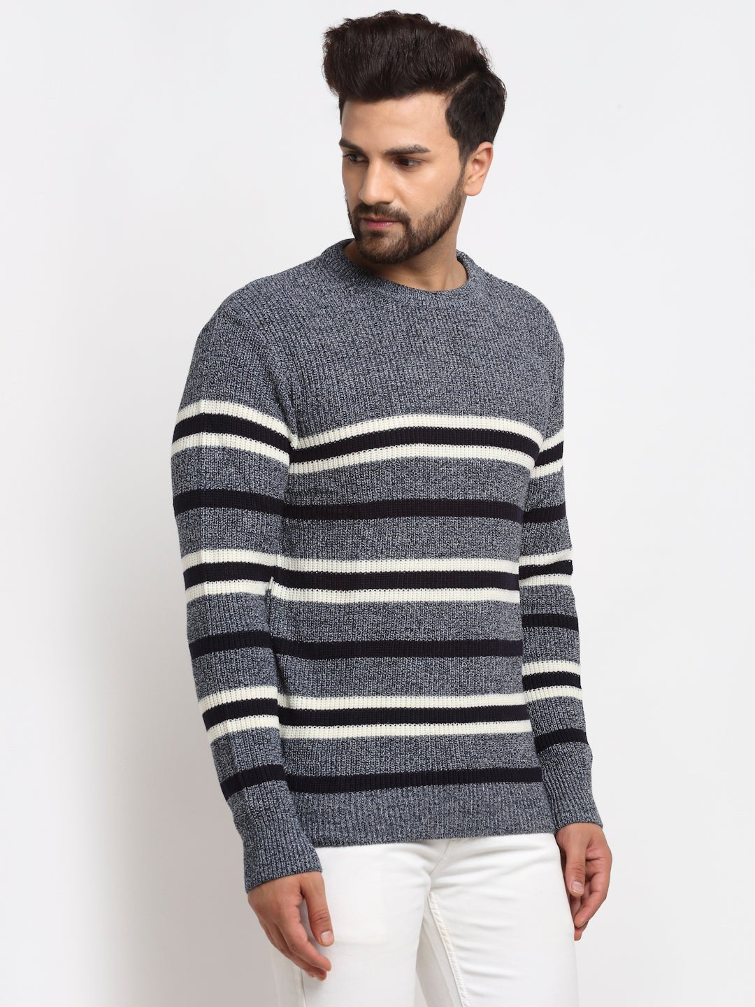 Navy Striped Round Neck Sweater - clubyork