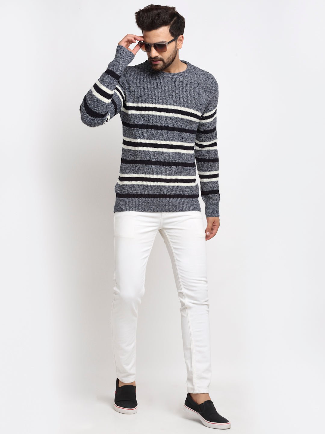 Navy Striped Round Neck Sweater - clubyork