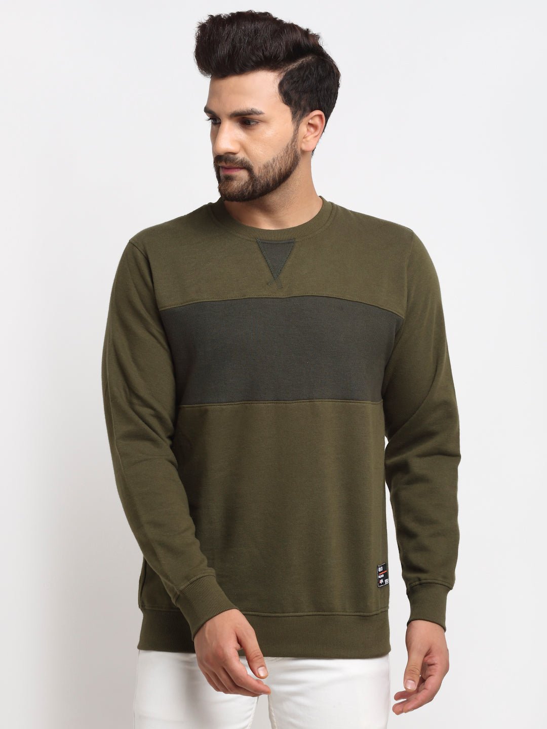Olive Colourblocked Round Neck Sweatshirt - clubyork